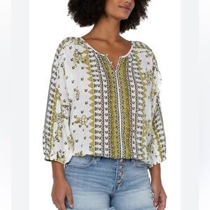 Liverpool White and Olive Printed Boho Peasant Blouse in size xlg